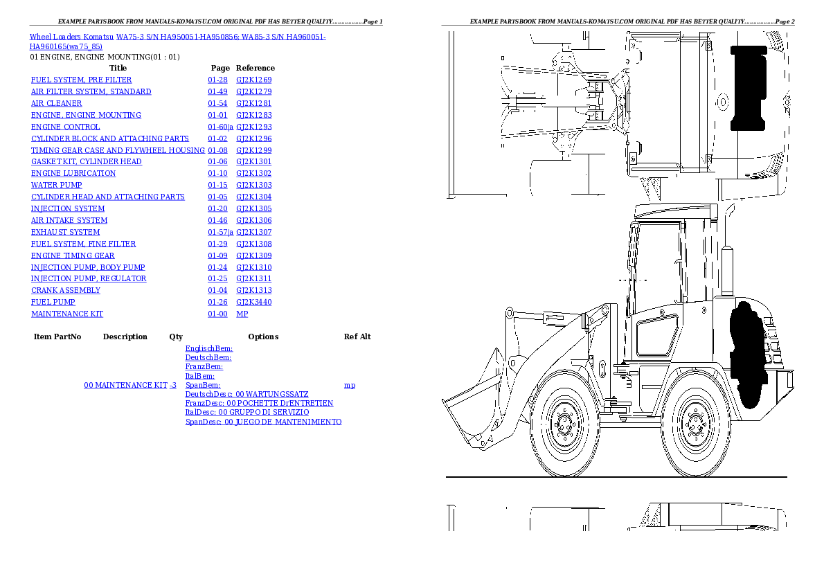 WA75-3 S/N HA950051-HA950856; WA85-3 S/N HA960051-HA960165 Partsbook