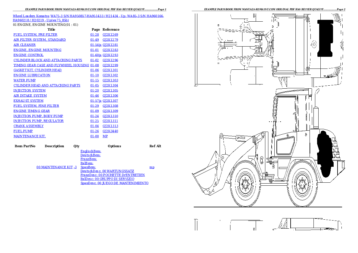 WA75-3 S/N HA950857-HA951433 / H21434 - Up; WA85-3 S/N HA960166-HA960218 / H20219 - Up Partsbook