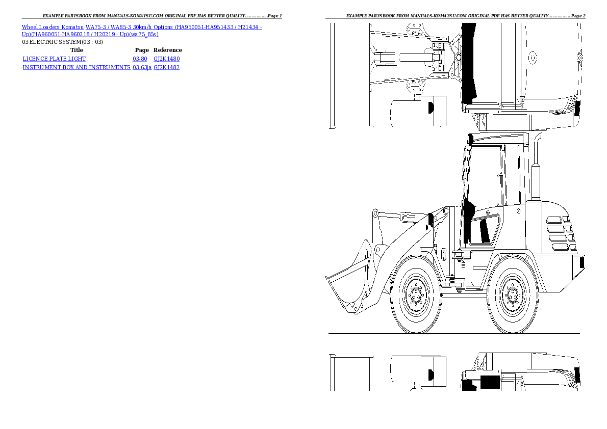 WA75-3 / WA85-3 30km/h Options (HA950051-HA951433 / H21434 - Up)(HA960051-HA960218 / H20219 - Up) Partsbook