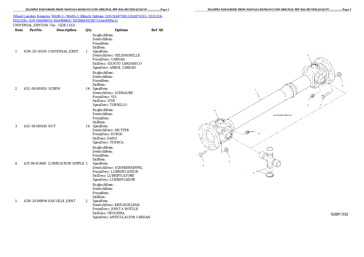 Protected: WA90-3 / WA95-3 30km/h Options (S/N HA970051-HA970315 / H20316-H20318); (S/N HA980051-HA980668 / H20669-H20671) Partsbook