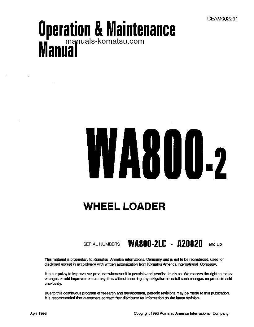 WA800-2(USA)-LC S/N A20020-UP Operation manual (English)