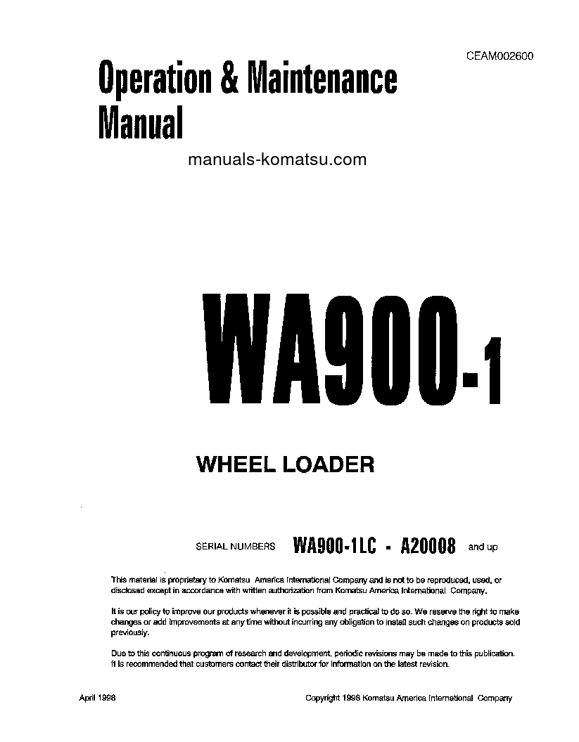 WA900-1(USA)-LC S/N A20008-UP Operation manual (English)