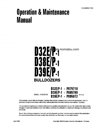 D38P-1(USA) S/N P085799-P086238 Operation manual (English)