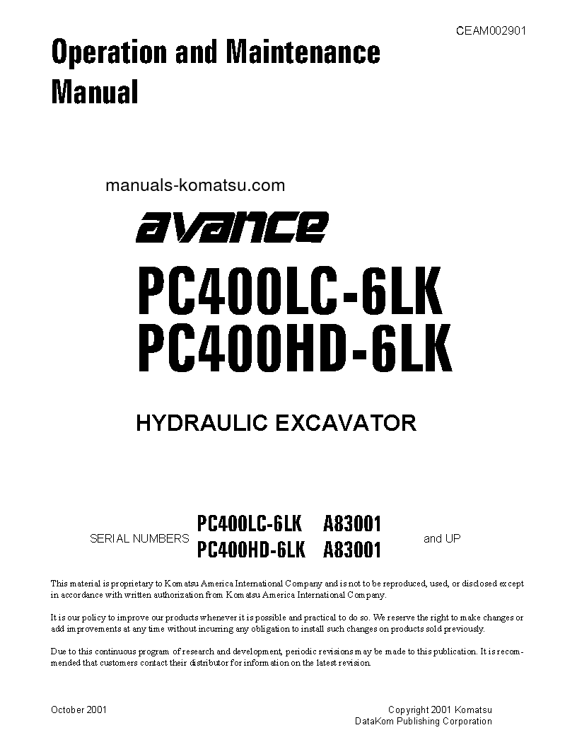 PC400HD-6(USA)-LK S/N A83001-A85000 Operation manual (English)