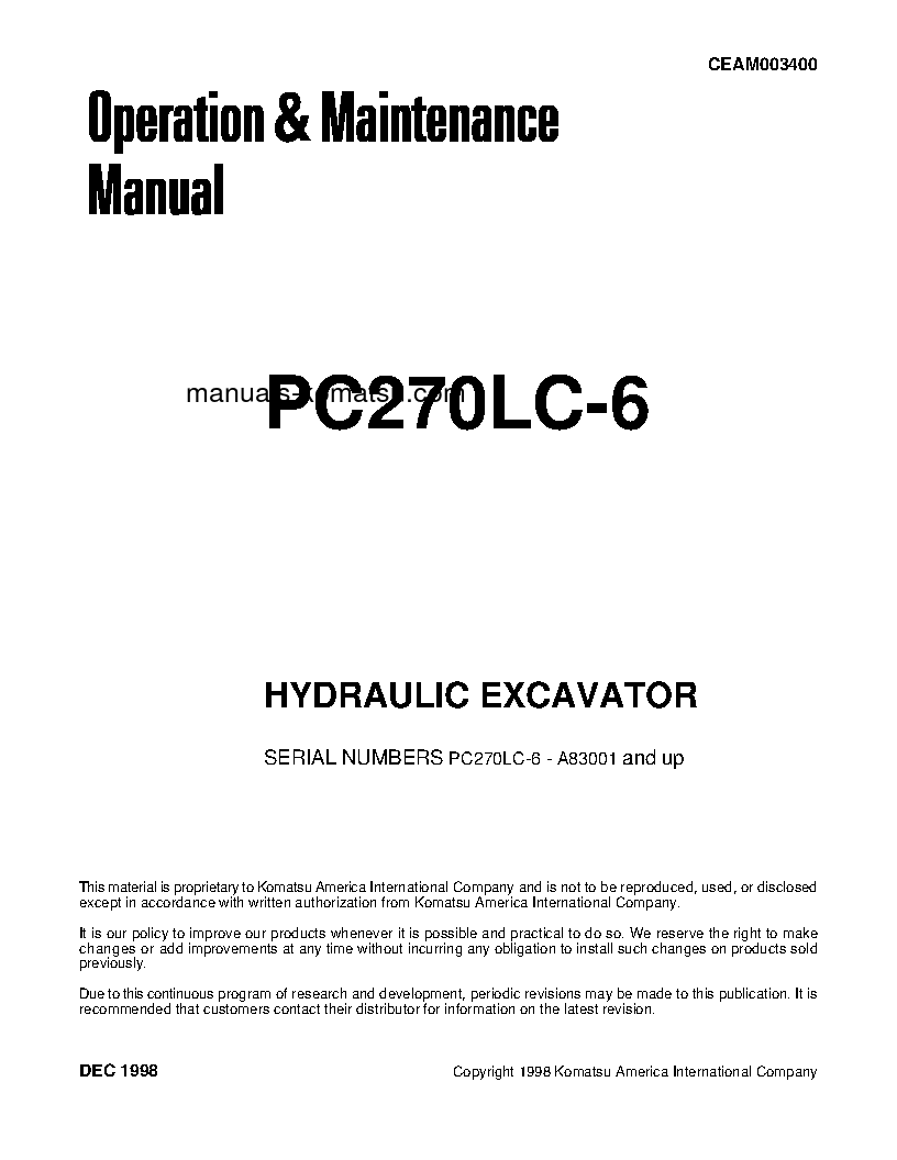 PC270LC-6(USA)-LE S/N A83001-UP Operation manual (English)