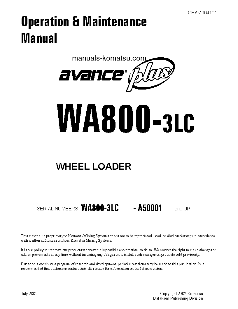 WA800-3(USA)-LC S/N A50001-UP Operation manual (English)