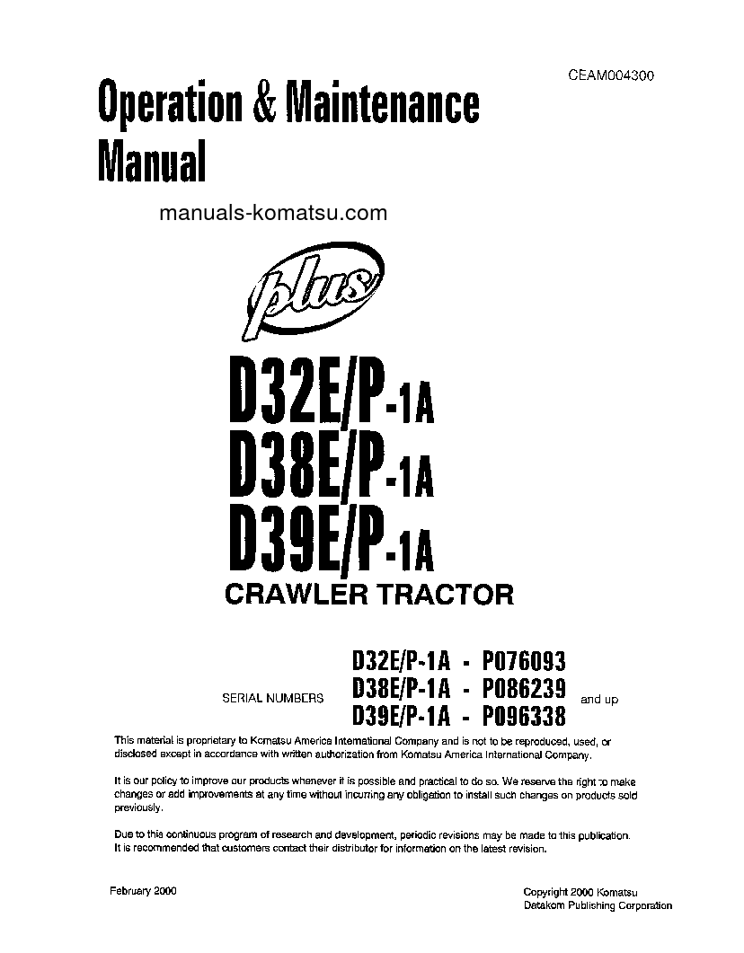 D38E-1(USA)-A S/N P086239-UP Operation manual (English)