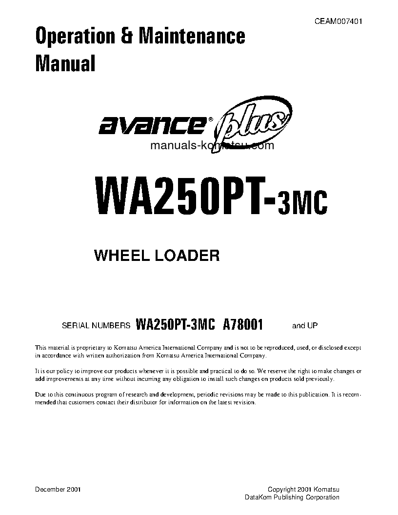 WA250PT-3(USA)-MC S/N A78001-UP Operation manual (English)