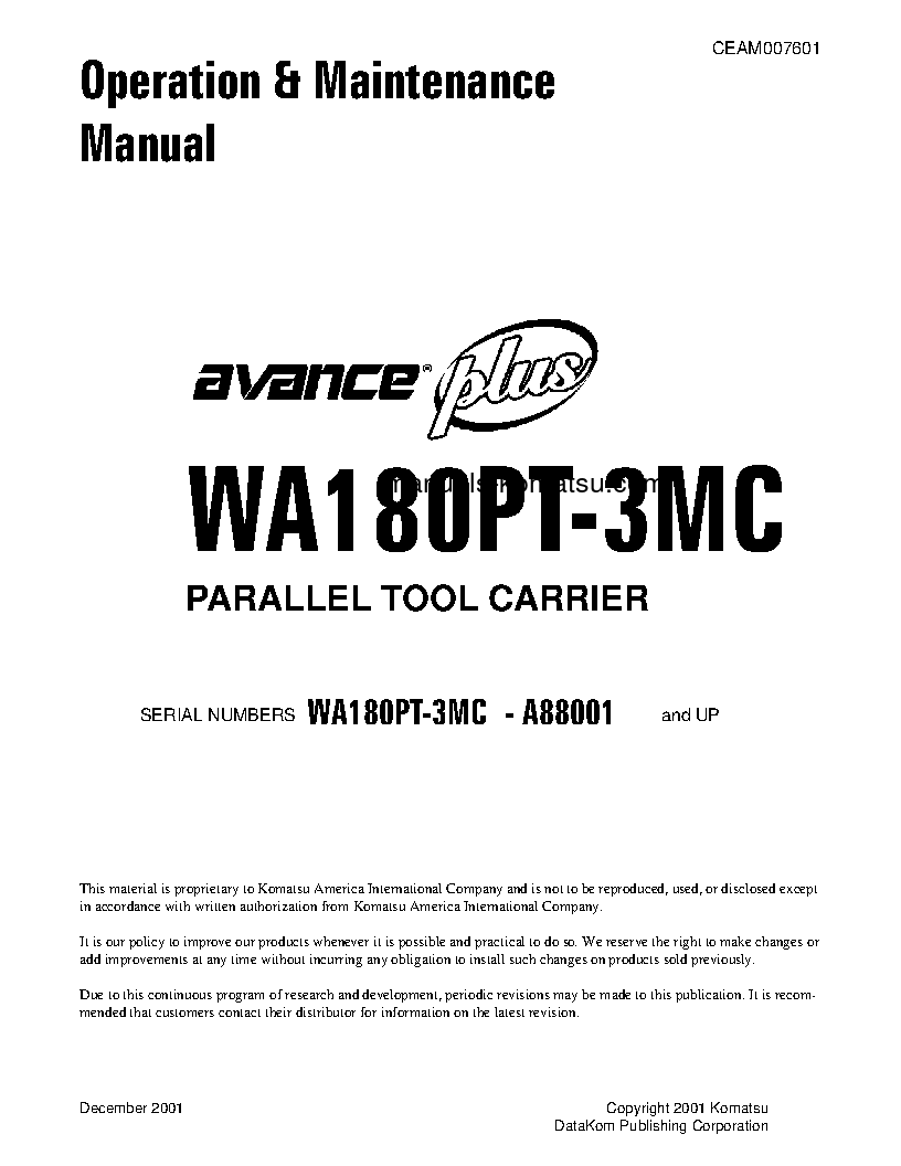 WA180PT-3(USA)-MC S/N A88001-UP Operation manual (English)
