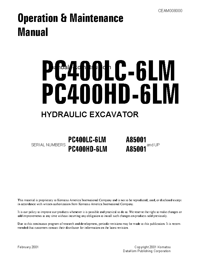 PC400HD-6(USA)-LM S/N A85001-UP Operation manual (English)