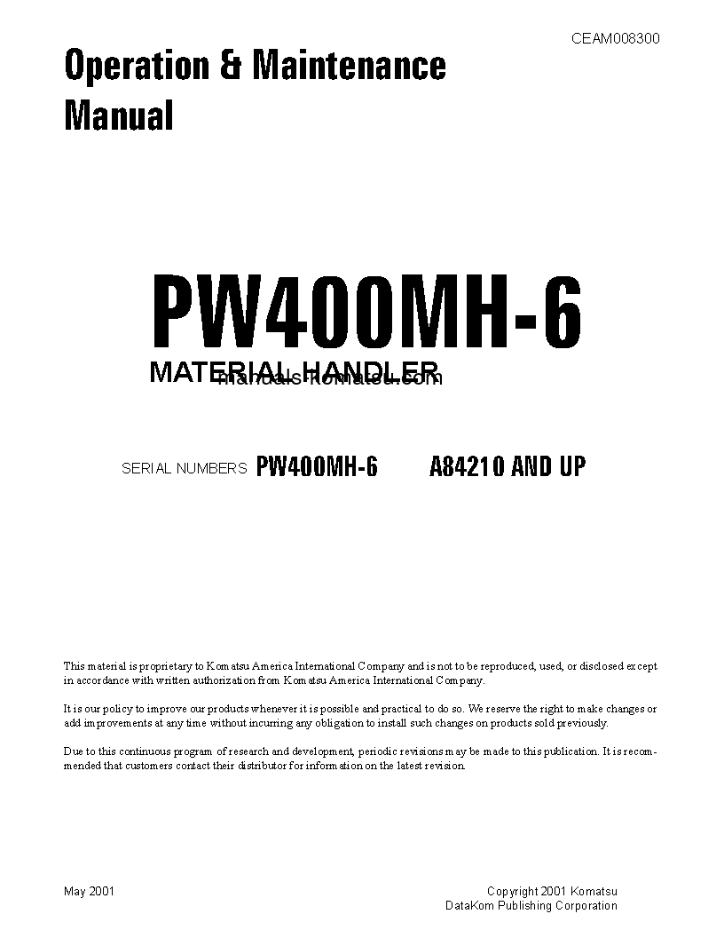 PW400MH-6(USA) S/N A84210-UP Operation manual (English)