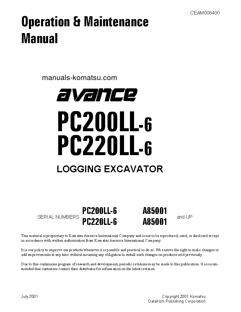 PC200LL-6(USA) S/N A85001-UP Operation manual (English)