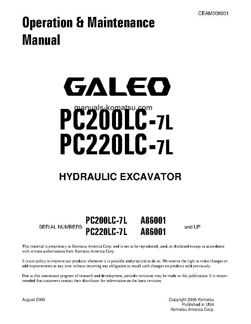 PC220LC-7(USA)-L S/N A86001-UP Operation manual (English)
