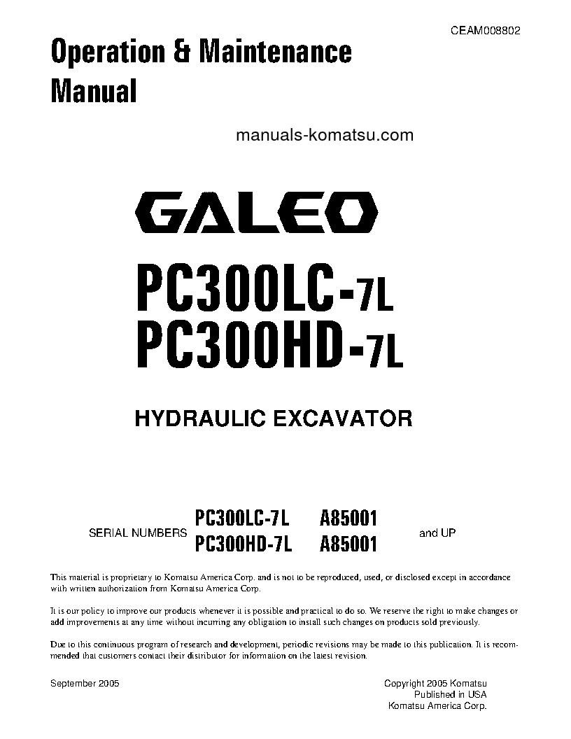 PC300LC-7(USA)-L S/N A85001-UP Operation manual (English)
