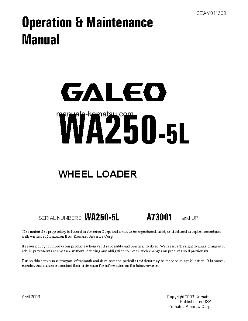 WA250-5(USA)-L S/N A73001-UP Operation manual (English)