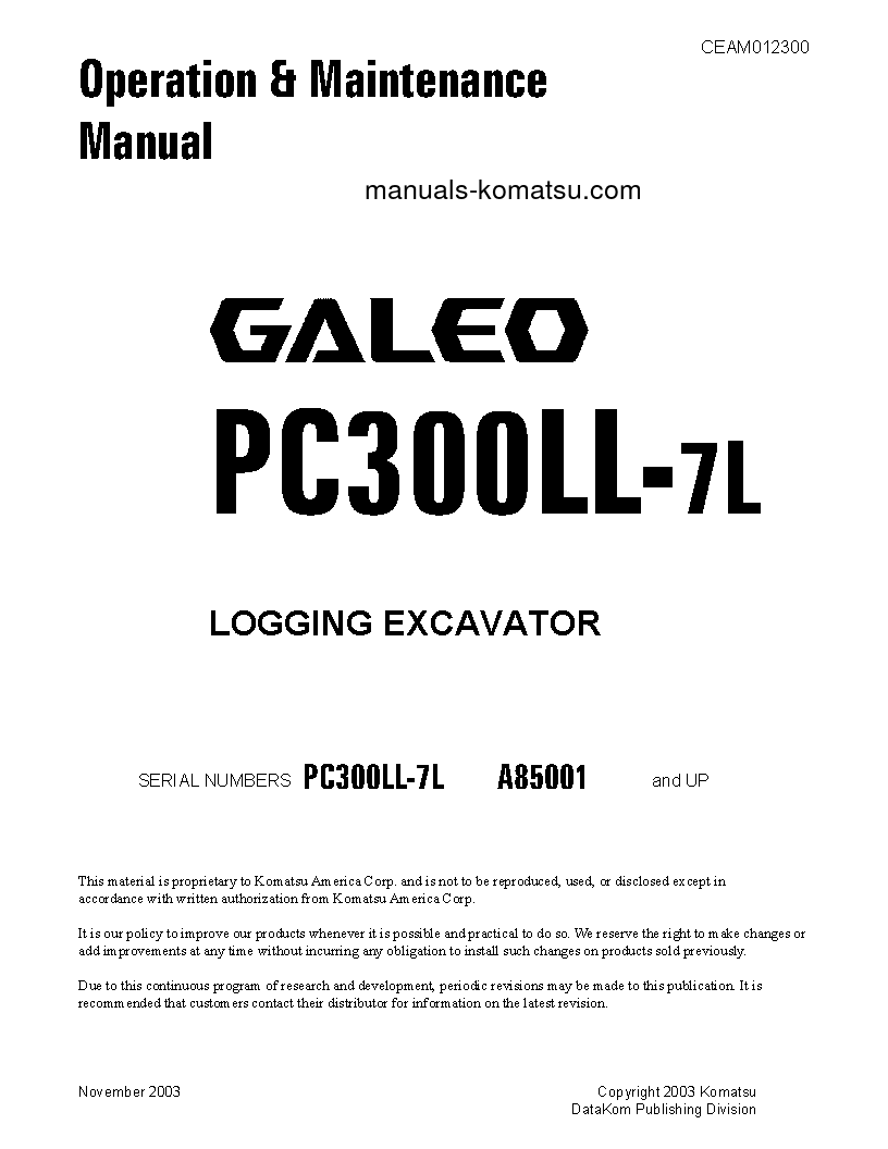 PC300LL-7(USA)-L S/N A85001-UP Operation manual (English)