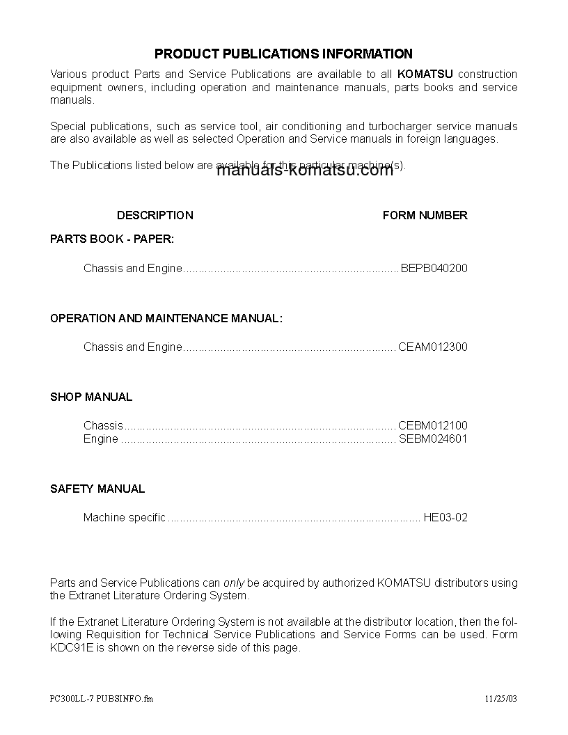 Protected: PC300LL-7(USA)-L S/N A85001-UP Operation manual (English)