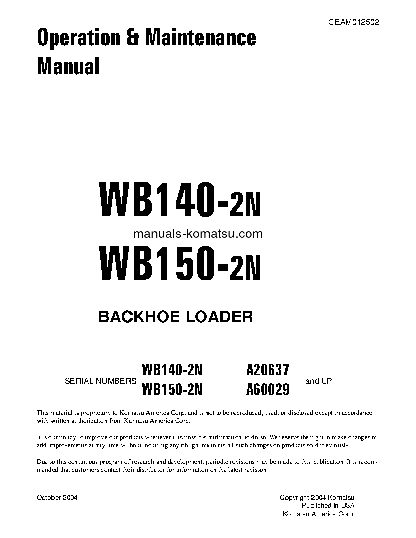 WB150-2(USA)-N S/N A60029-UP Operation manual (English)