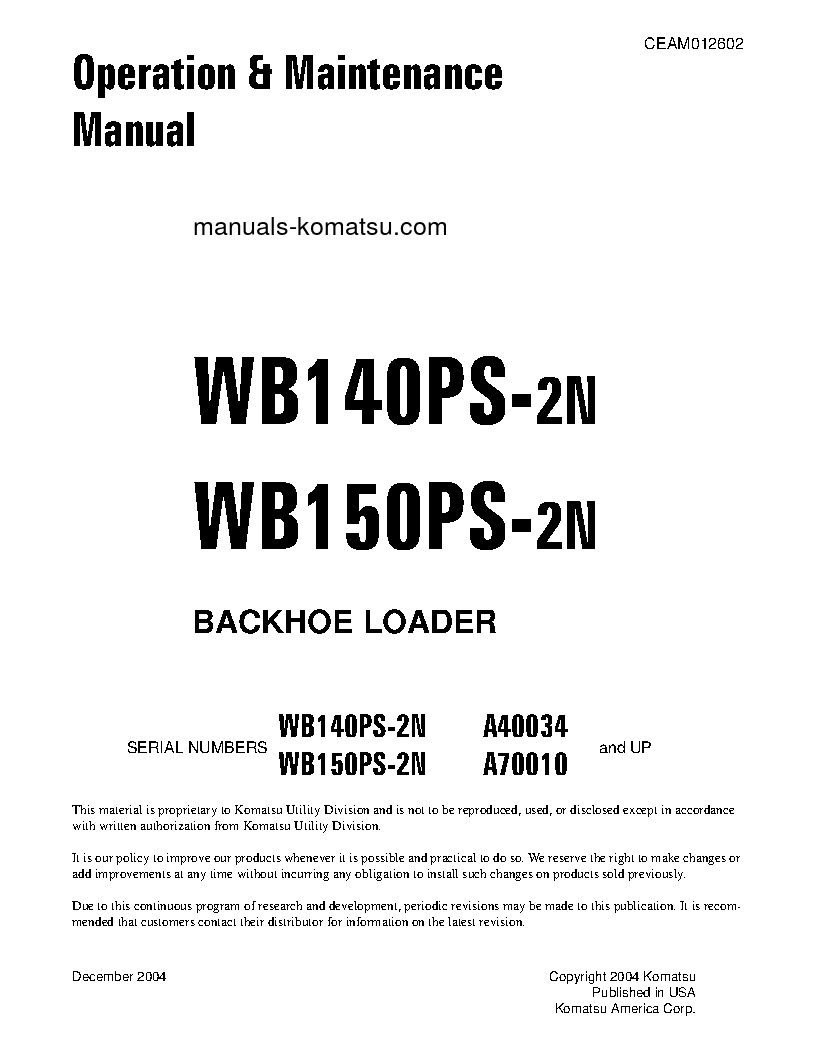 WB140PS-2(USA)-N S/N A40034-UP Operation manual (English)