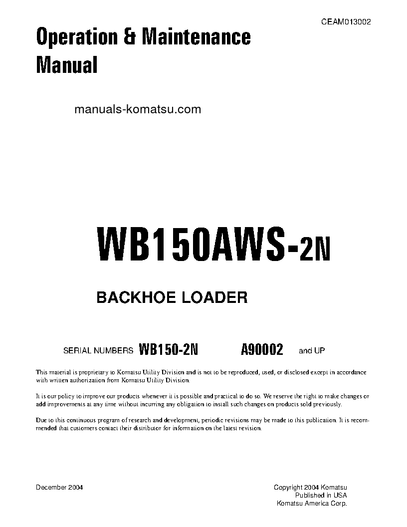 WB150AWS-2(USA)-N S/N A90002-UP Operation manual (English)