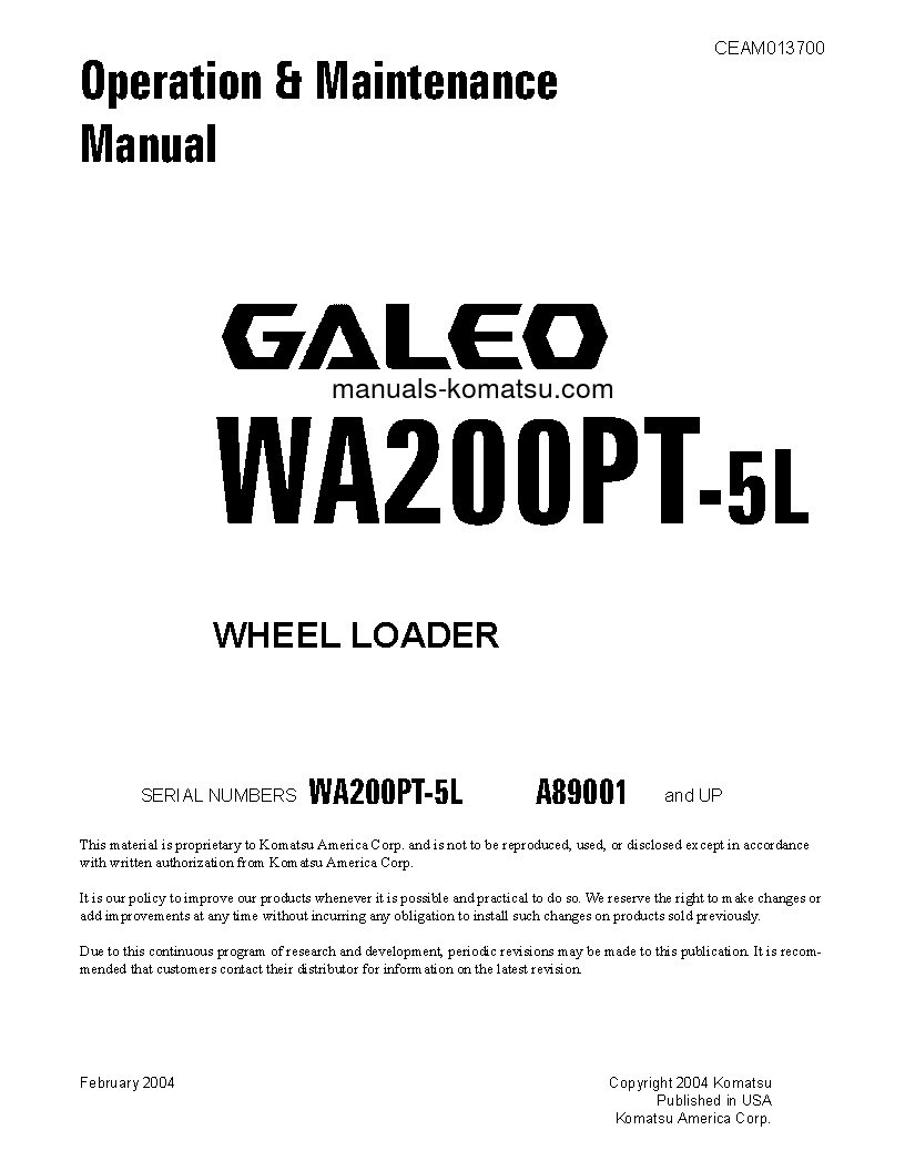 WA200PT-5(USA)-L S/N A89001-UP Operation manual (English)