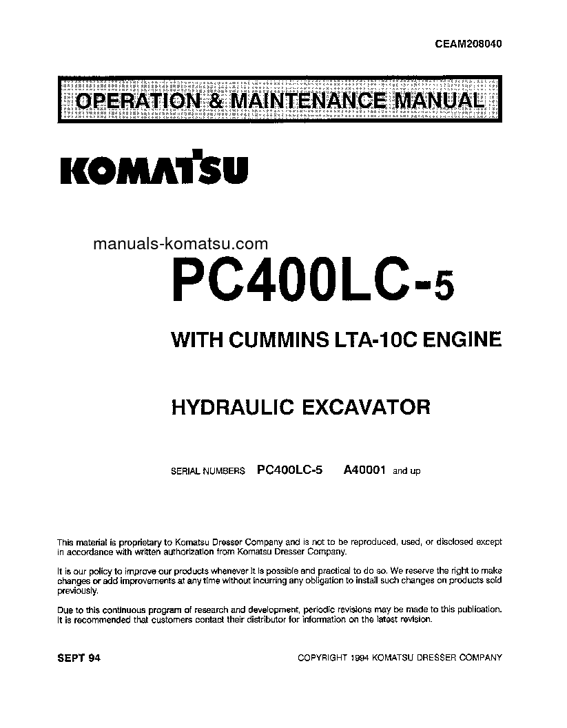 PC400LC-5(USA)-LC S/N A40001-UP Operation manual (English)