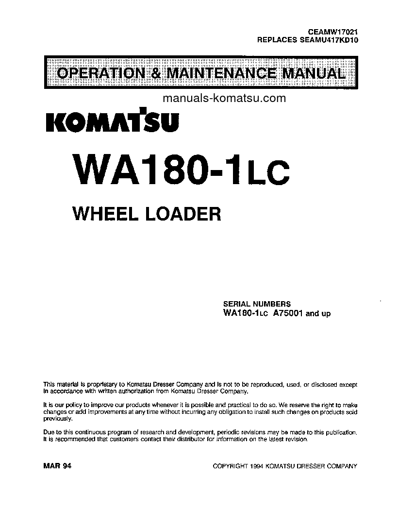 WA180-1(USA)-LC S/N A75001-UP Operation manual (English)