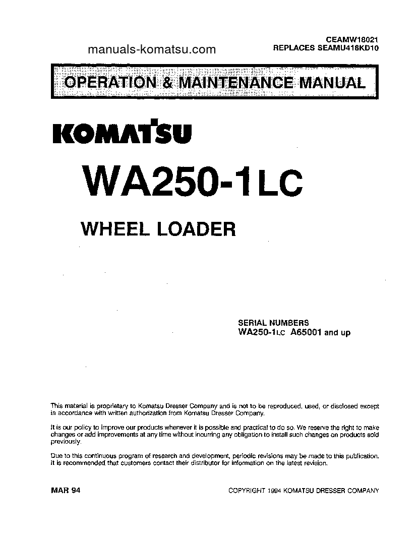 WA250-1(USA)-LC S/N A65001-UP Operation manual (English)
