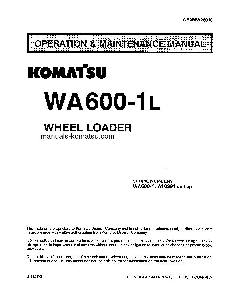 WA600-1(USA)-L S/N A10391-UP Operation manual (English)
