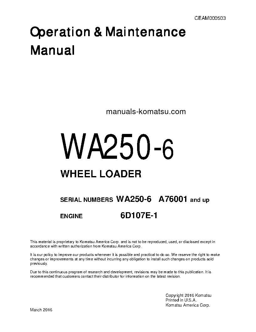 WA250-6(USA) S/N A76001-UP Operation manual (English)