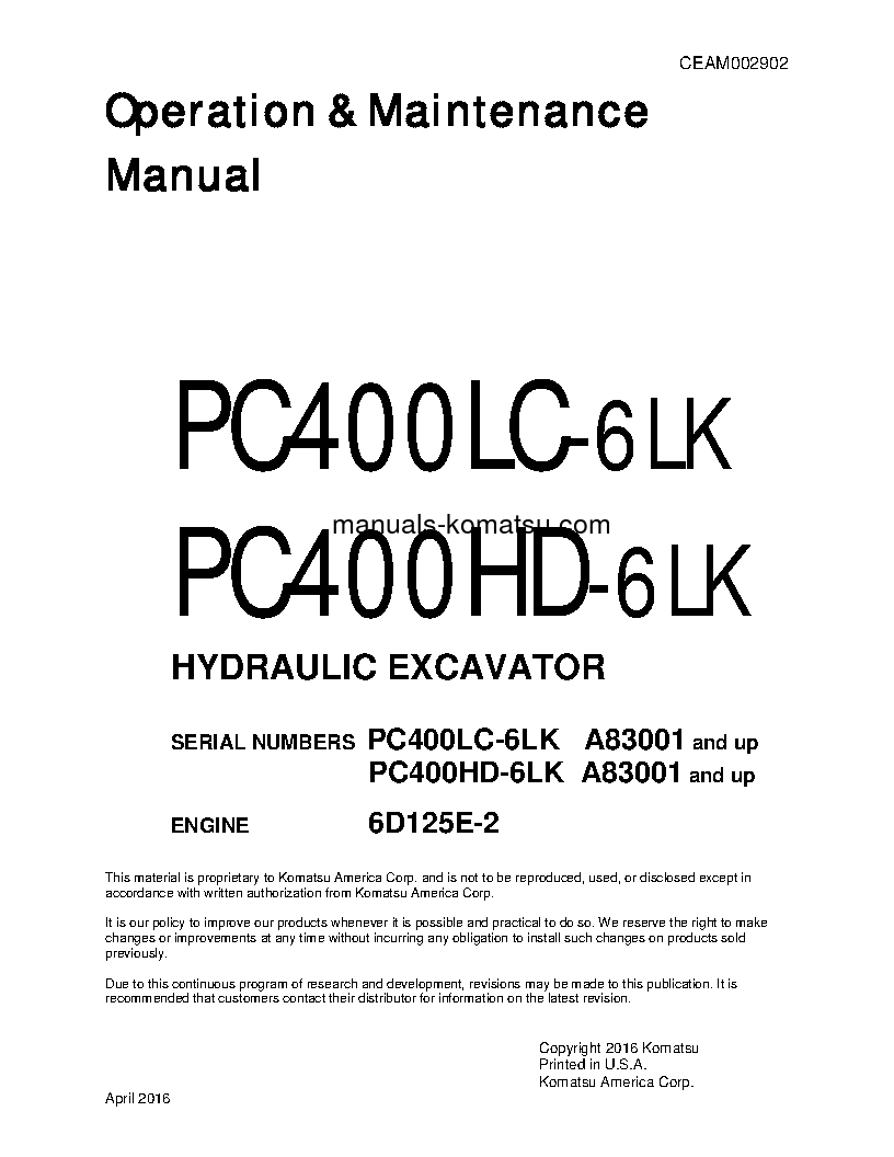 PC400LC-6(USA)-LK S/N A83001-UP Operation manual (English)
