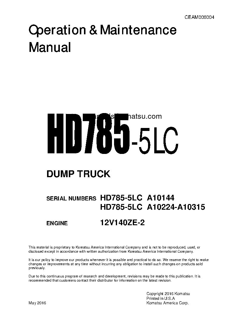 HD785-5(USA)-LC S/N A10224-A10315 Operation manual (English)