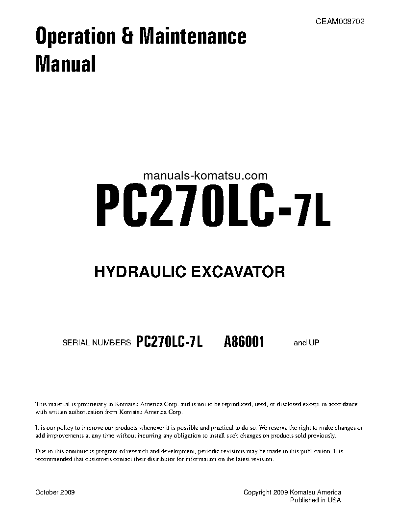 PC270LC-7(USA)-L S/N A86001-UP Operation manual (English)
