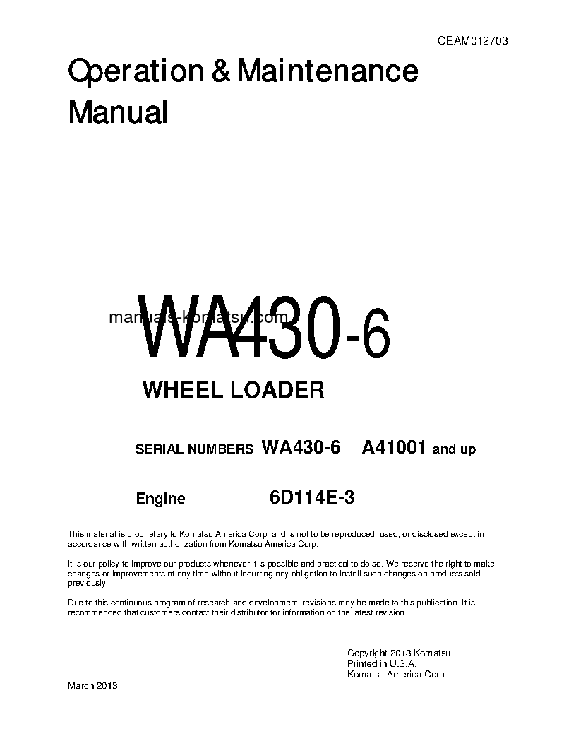 WA430-6(USA) S/N A41001-UP Operation manual (English)