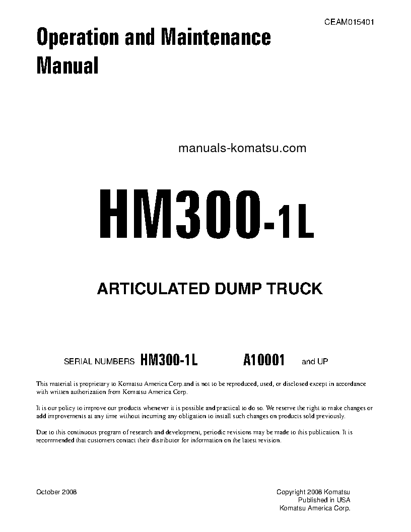 HM300-1(USA)-L S/N A10001-UP Operation manual (English)