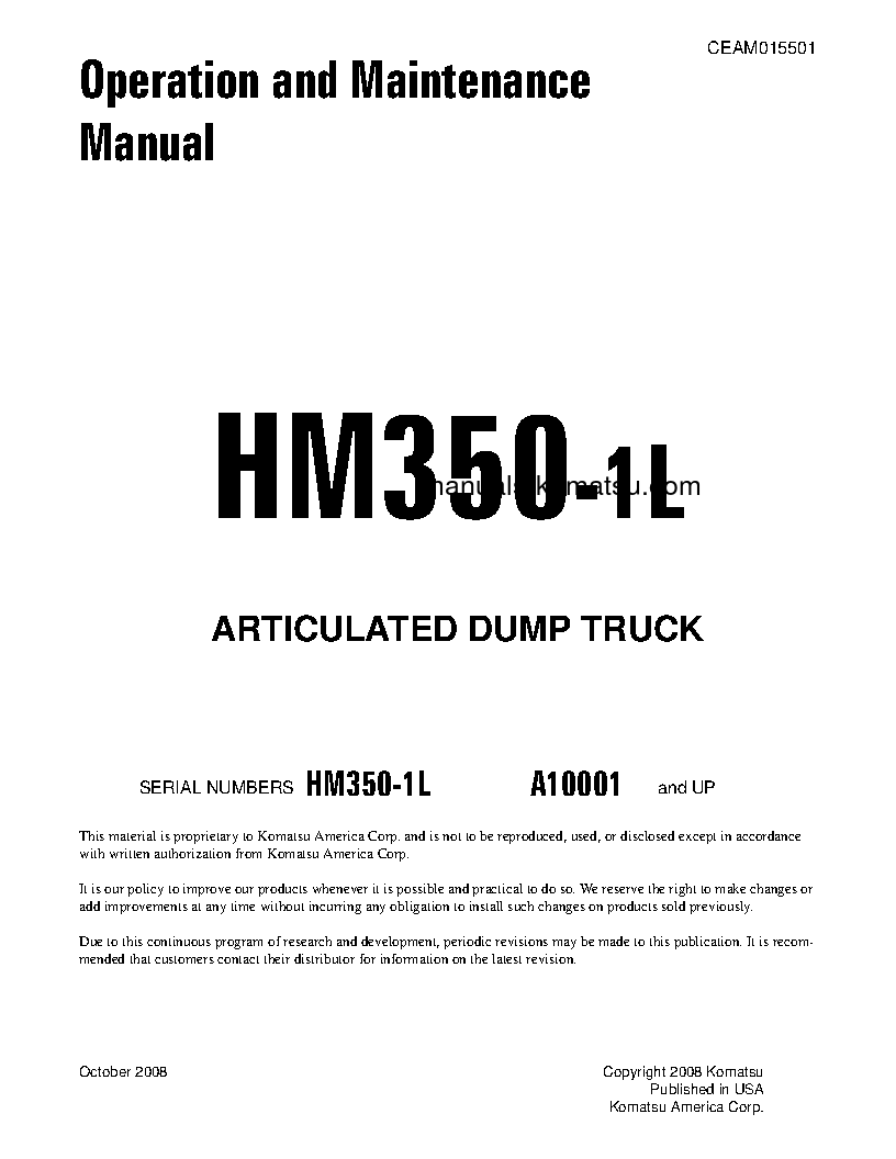 HM350-1(USA)-L S/N A10001-UP Operation manual (English)