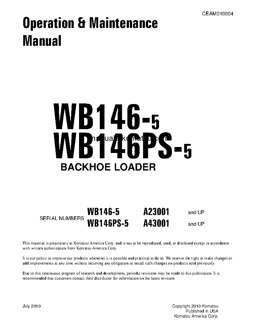 WB146-5(USA) S/N A23001-UP Operation manual (English)