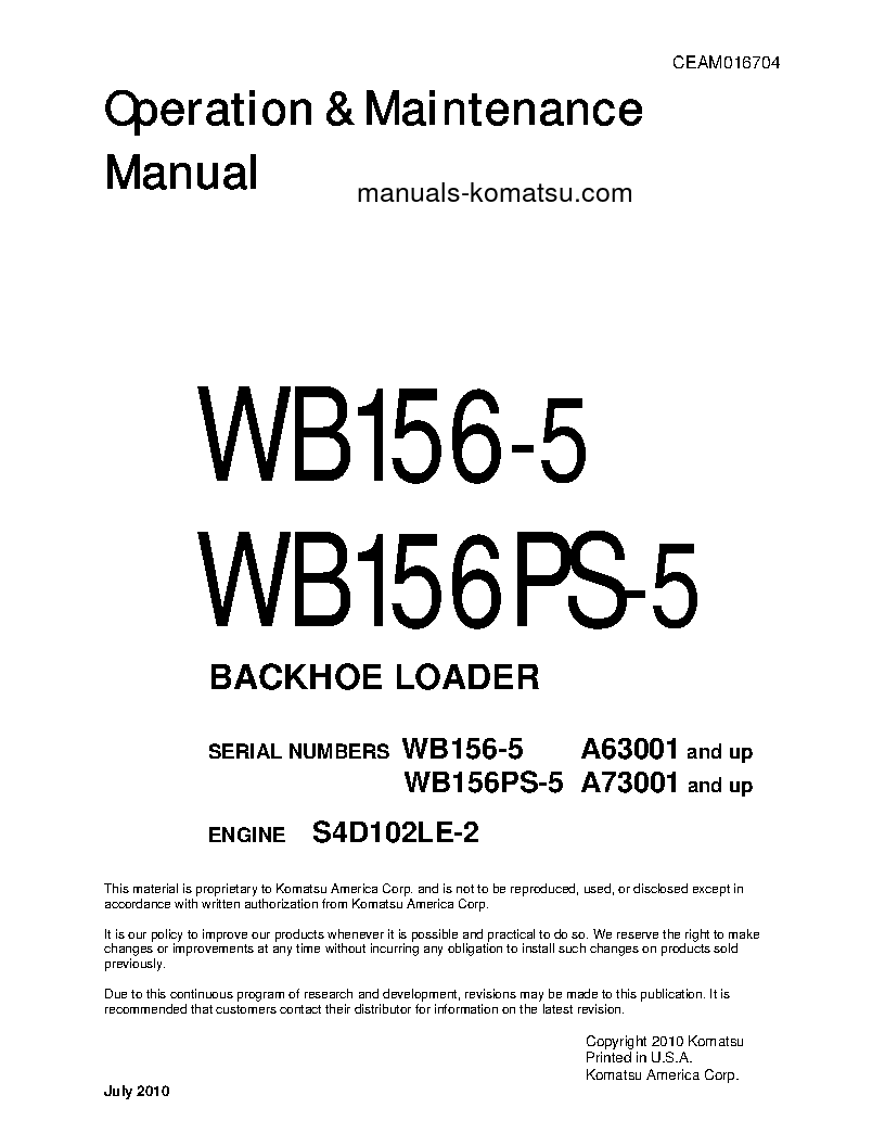WB156-5(USA) S/N A63001-UP Operation manual (English)
