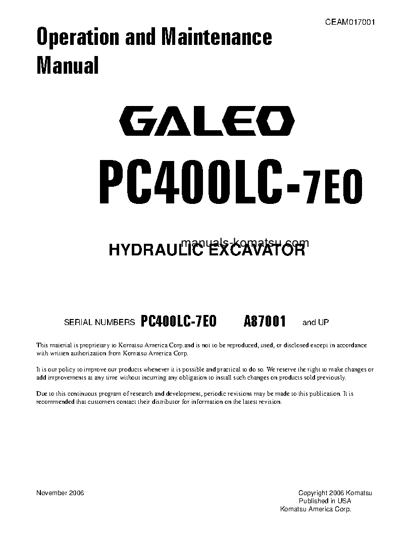 PC400LC-7(USA)-TIER 3 S/N A87001-UP Operation manual (English)