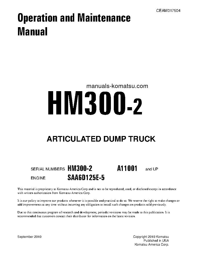 HM300-2(USA) S/N A11001-UP Operation manual (English)