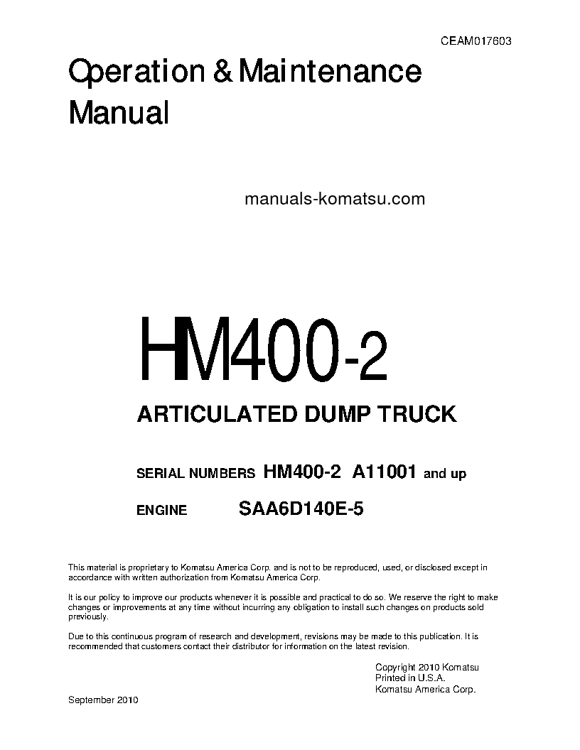 HM400-2(USA) S/N A11001-UP Operation manual (English)
