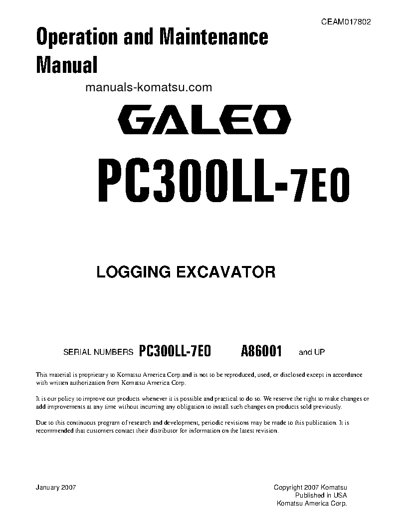 PC300LL-7(USA)-TIER 3 S/N A86001-UP Operation manual (English)