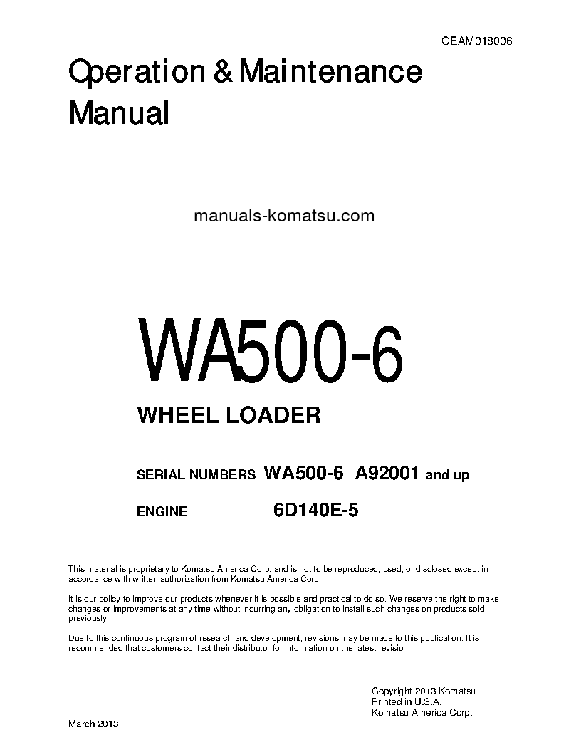 WA500-6(USA) S/N A92001-UP Operation manual (English)