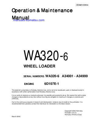 WA320-6(USA) S/N A34001-A34999 Operation manual (English)