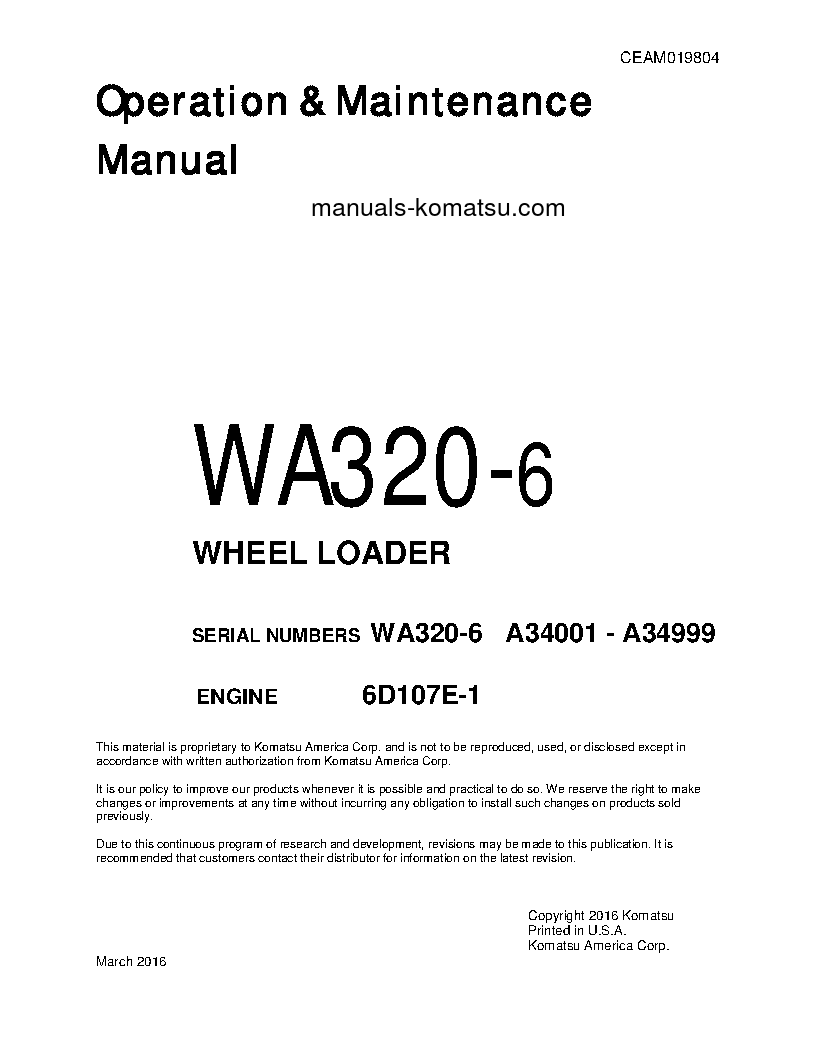 WA320-6(USA) S/N A34001-A34999 Operation manual (English)