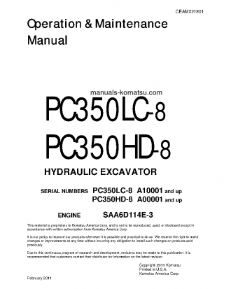 PC350HD-8(USA) S/N A00001-UP Operation manual (English)