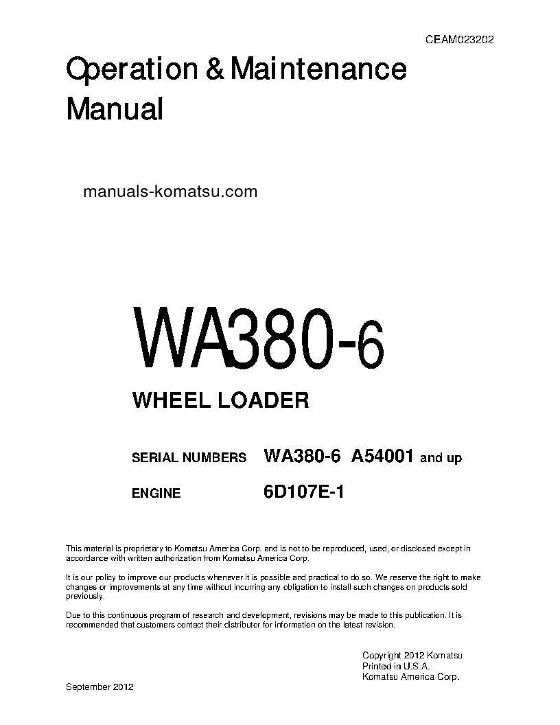 WA380-6(USA) S/N A54001-UP Operation manual (English)