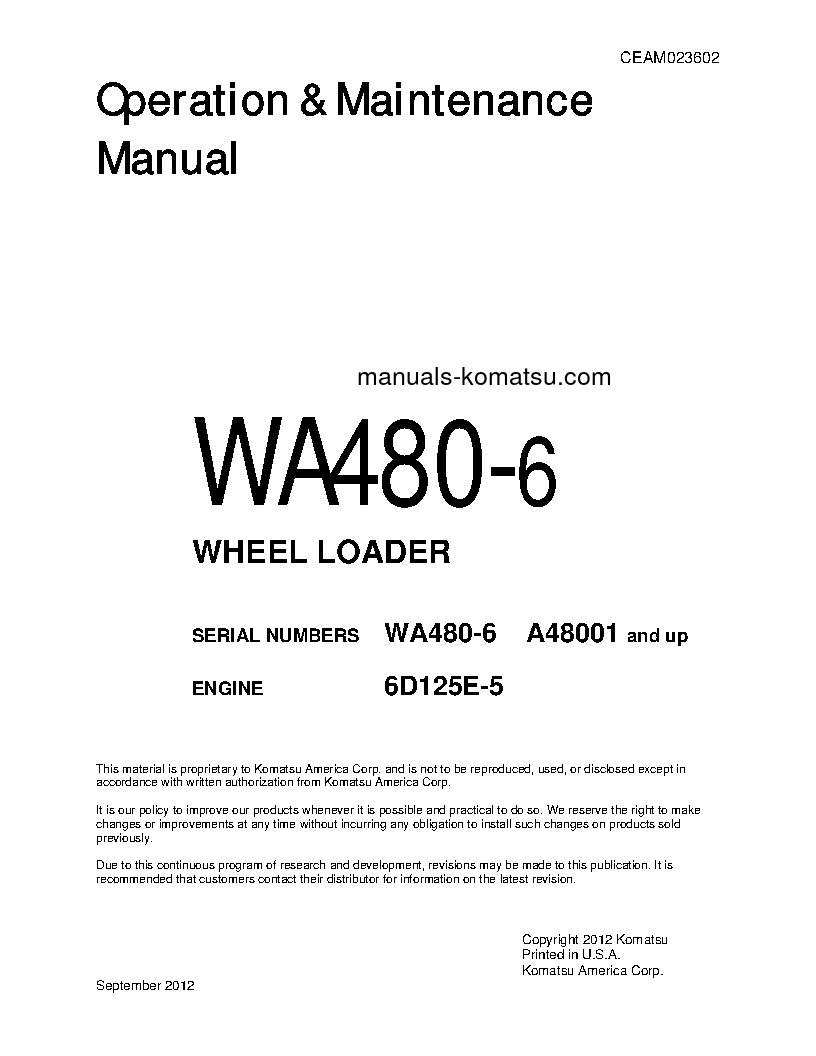 WA480-6(USA) S/N A48001-UP Operation manual (English)