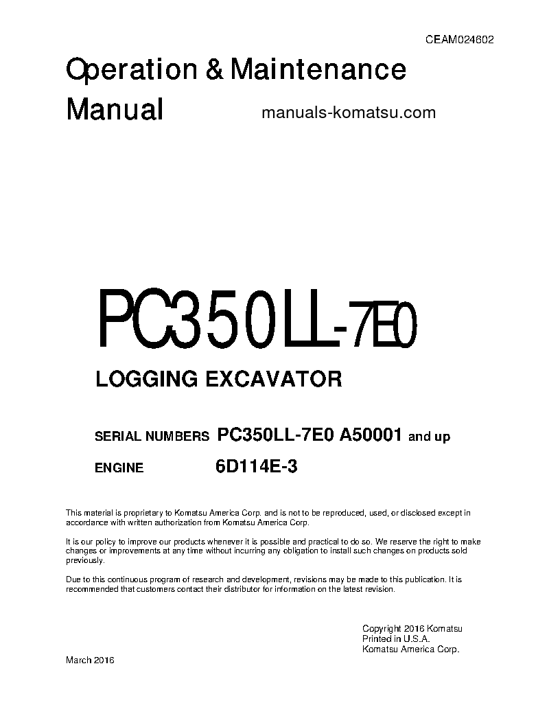 PC350LL-7(USA)-TIER 3 S/N A50001-UP Operation manual (English)