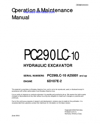 PC290LC-10(USA) S/N A25001-UP Operation manual (English)